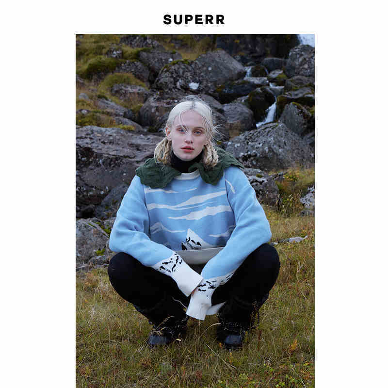 SUPER R Iceland系列oversize大廓形蓝色雪山山脉圆领毛衣