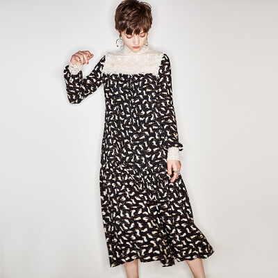 Dimple Hsu早秋复古维多利亚宫廷式慵懒猫咪真丝印花裙W20370