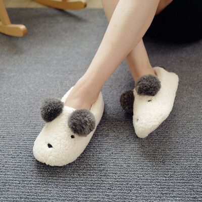  羊羔绒绵柔小熊冬季包跟棉鞋 球球小熊保暖室内家居地板棉鞋