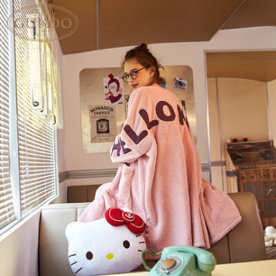 Gukoo/果壳正品Hello Kitty睡衣秋冬卡通家居服珊瑚绒开衫套装女