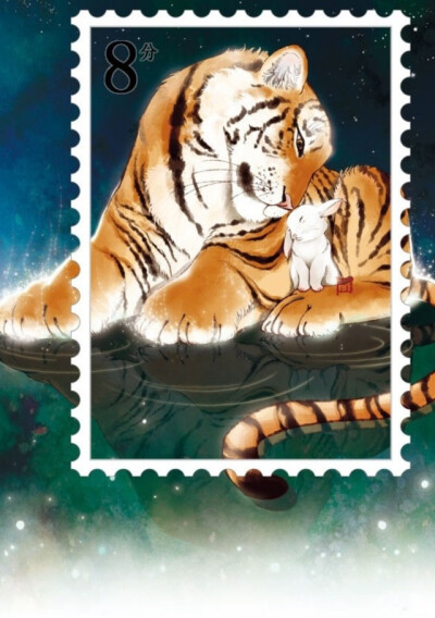 邮票版十二生肖接班图——虎传兔，兔接虎