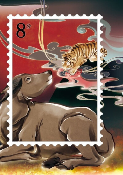 邮票版十二生肖接班图——牛传虎，虎接牛