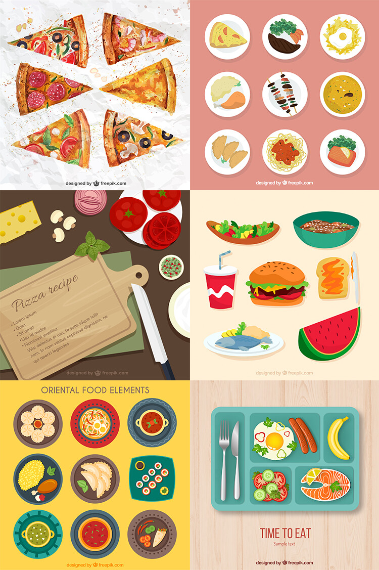 各类食物美食 手绘风格插图插画 平面菜单设计素材 AI矢量