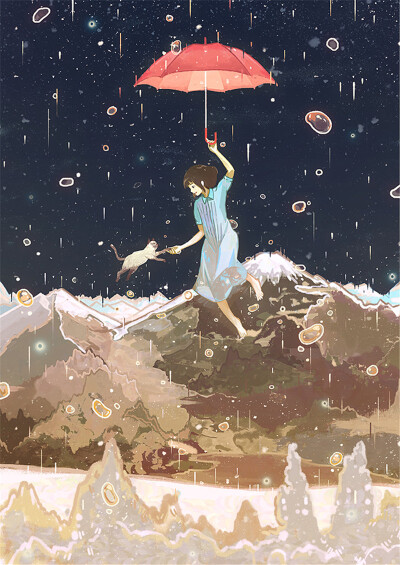 插画女孩雨天