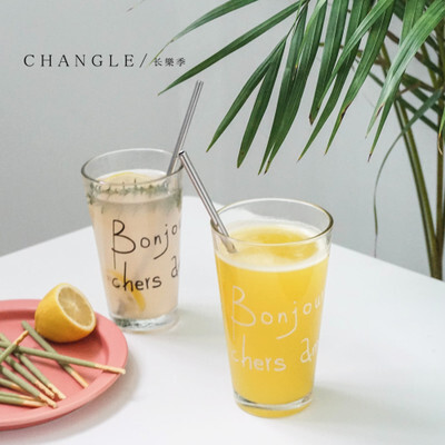日韩创意简约大容量透明字母bonjour加厚玻璃柠檬水杯子果汁牛奶