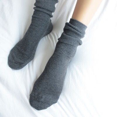 日系全棉女士秋冬春季简约纯色条纹中筒袜子翻边袜堆堆袜w02