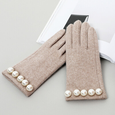 韩国女羊毛呢手套冬季韩版可爱兔绒加厚加绒保暖触屏分指手套