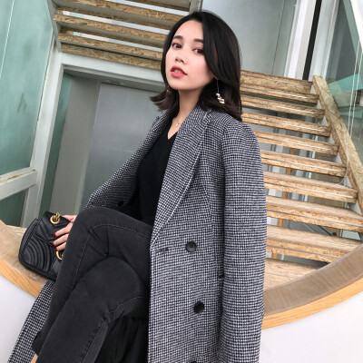DALU STUDIO2017秋冬韩版黑白格子毛呢外套中长款呢子大衣女