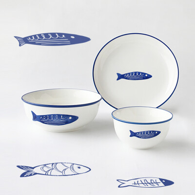 碗盘套装家用1人食西式鱼纹系列碗盘子陶瓷餐具碗具礼盒礼品套装