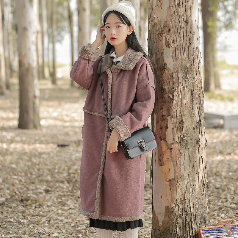 2017冬季森女系鹿皮绒毛呢子外套大衣女中长款娃娃领韩版学生
