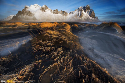 克尔克瑞三德（Kirkjusandur）的黑沙滩，背景是冰岛斯托克角（Stokksnes）的冰岛西角（Vesturhorn）。 (摄影:Trevor Cole)
