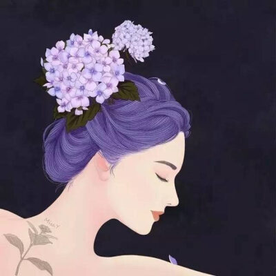 长发 女孩 卡通 唯美 花 头像 侧脸