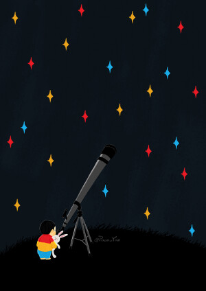 Paco_Yao 插画 原创 小朋友，长长的望远镜是用来看色彩斑斓的宇宙星辰的。 ​​​​