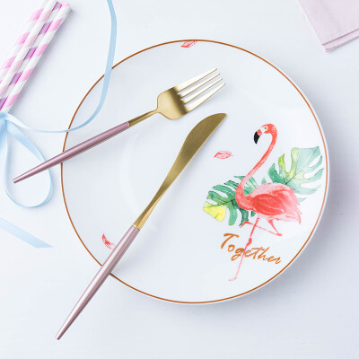 Yomerto创意火烈鸟餐具北欧盘子陶瓷ins菜盘家用西餐牛排盘早餐盘