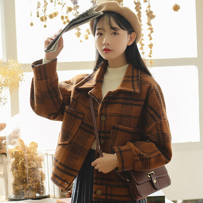 毛呢外套女韩版学生bf原宿风学院2017冬装新复古格子短款呢子大衣