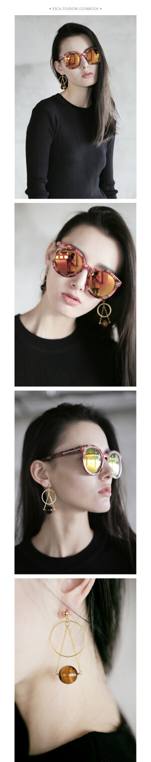 定制
            ESCA STUDIO 星球轨道系列s925银镀亚金圆环黄虎眼石耳环耳坠