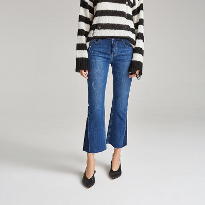 时尚新潮 须边脚口撞色水洗阔腿弹力牛仔裤W20323