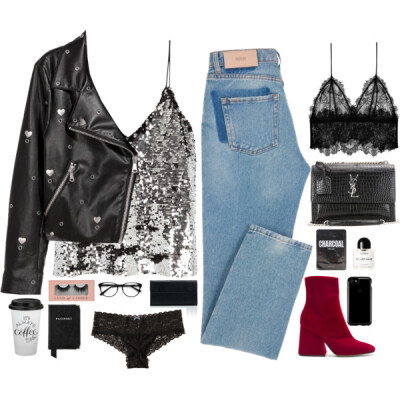 A fashion look from November 2017 featuring sequin tank top, motorcycle jacket and skinny jeans. Browse and shop related looks.