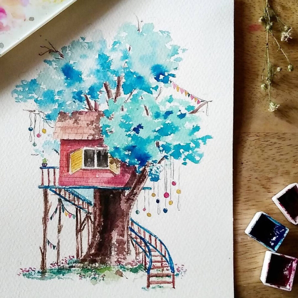 水彩 树屋
