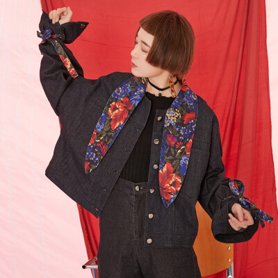 杨二大梦原创自制2017秋冬复古兔耳领绑带宽松牛仔衣女