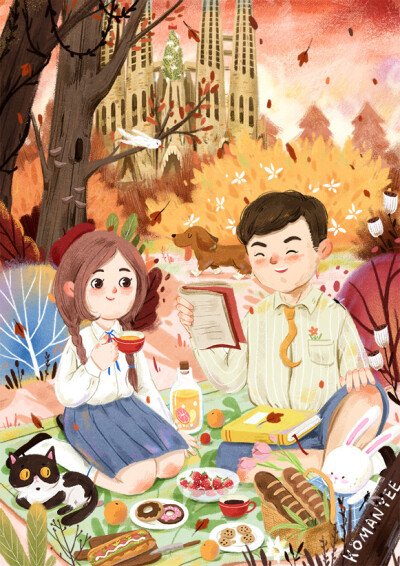 @KOMANYEE 作品鲜艳明亮，人物憨态可爱。