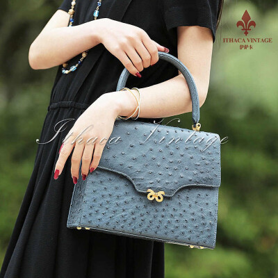 【伊萨卡】Comtesse蓝灰色鸵鸟皮女包手提优雅vintage古董包