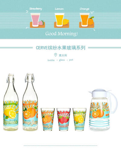 意大利进口玻璃凉水杯 水果印花大容量冷水壶果汁壶 玻璃瓶玻璃杯