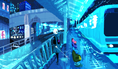 114554 blue blue_eyes city headphones jippun_maru umbrella white_hair