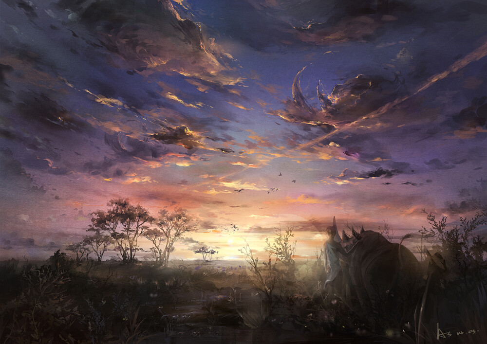 183081 animal asenliy bird clouds landscape original scenic sky sunset tree