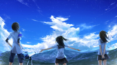 176690 black_hair brown_hair clouds landscape long_hair minamito original scenic seifuku short_hair sky stars twintails