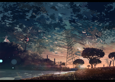 166868 black_hair clouds kein_tan landscape long_hair original scenic sky summer summer_dress tree water