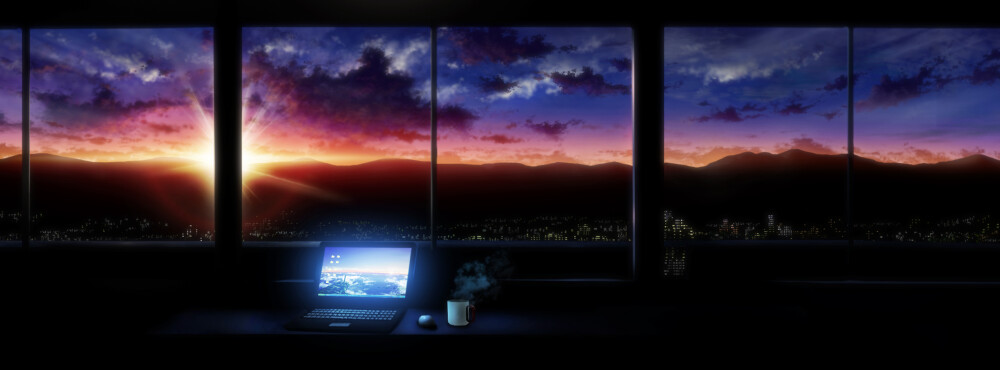 228442 building city clouds computer drink dualscreen original scenic sky sunset tokuninashi_(uorat)