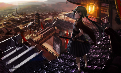 224365 blush brown_eyes brown_hair building city oota_youjo original ponytail scenic sword weapon