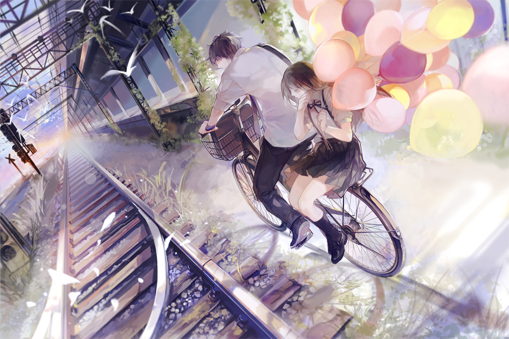 228024 animal bicycle bird black_hair blush brown_hair long_hair male nineo original petals ribbons scenic seifuku short_hair skirt waifu2x