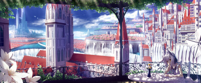 248904 book building city clouds dualscreen flowers foxgirl original ozshia_(shia-ushio) scenic shade tree water waterfall white_hair yellow_eyes