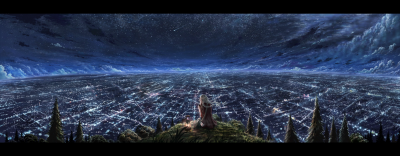 [2x] 84686 blonde_hair braids city clouds cola_(gotouryouta) dualscreen grass landscape long_hair night original scenic sky stars tree