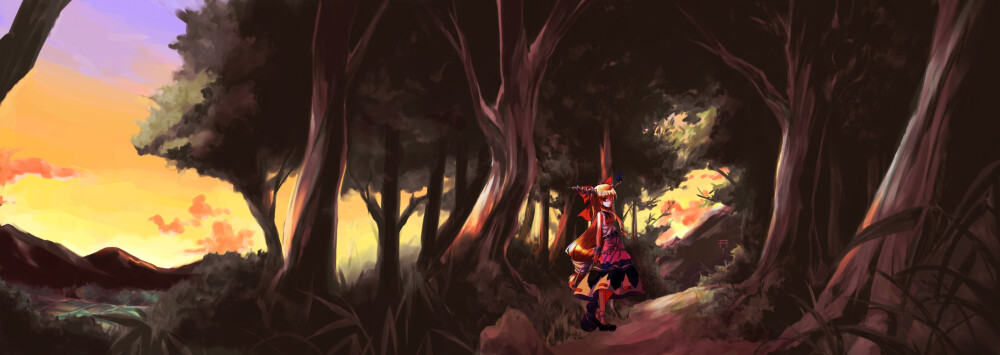 [2x] 161668 clouds forest ibuki_suika landscape scenic sky sorano_eika sunset torii touhou tree