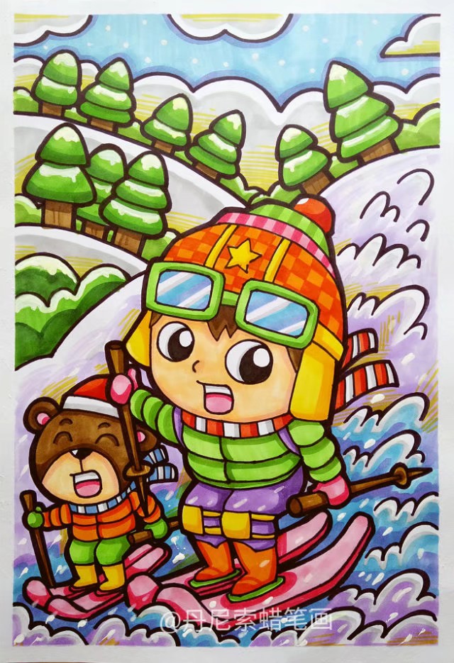 儿童画，滑雪