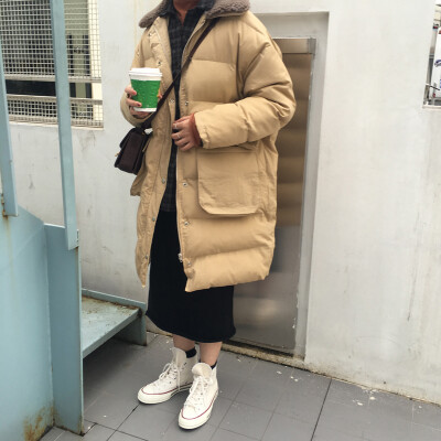 花木偶2017冬ulzzang羊羔毛翻领中长款面包服棉衣外套女棉服