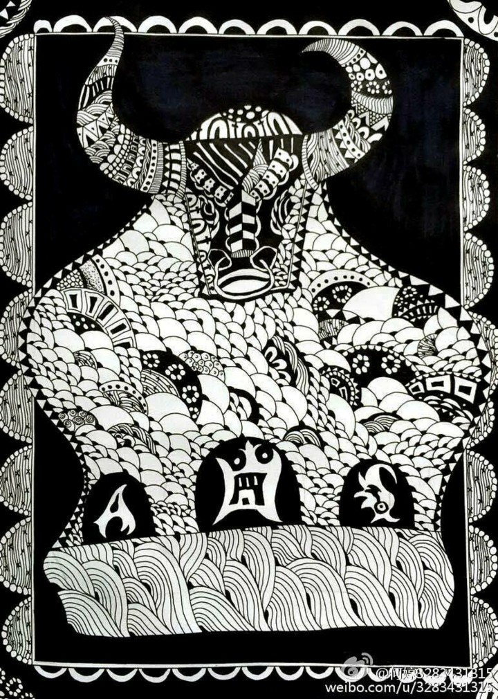 何小婷＊十二生肖黑白插画——牛