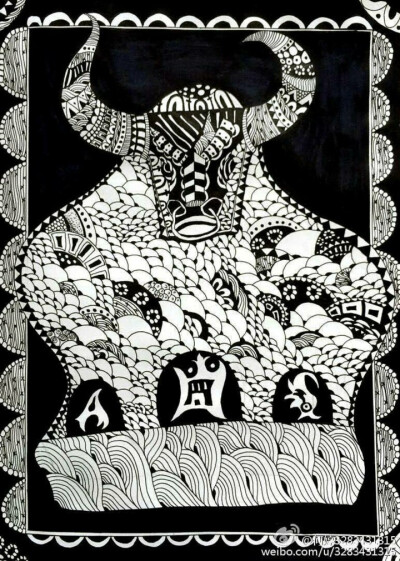 何小婷＊十二生肖黑白插画——牛