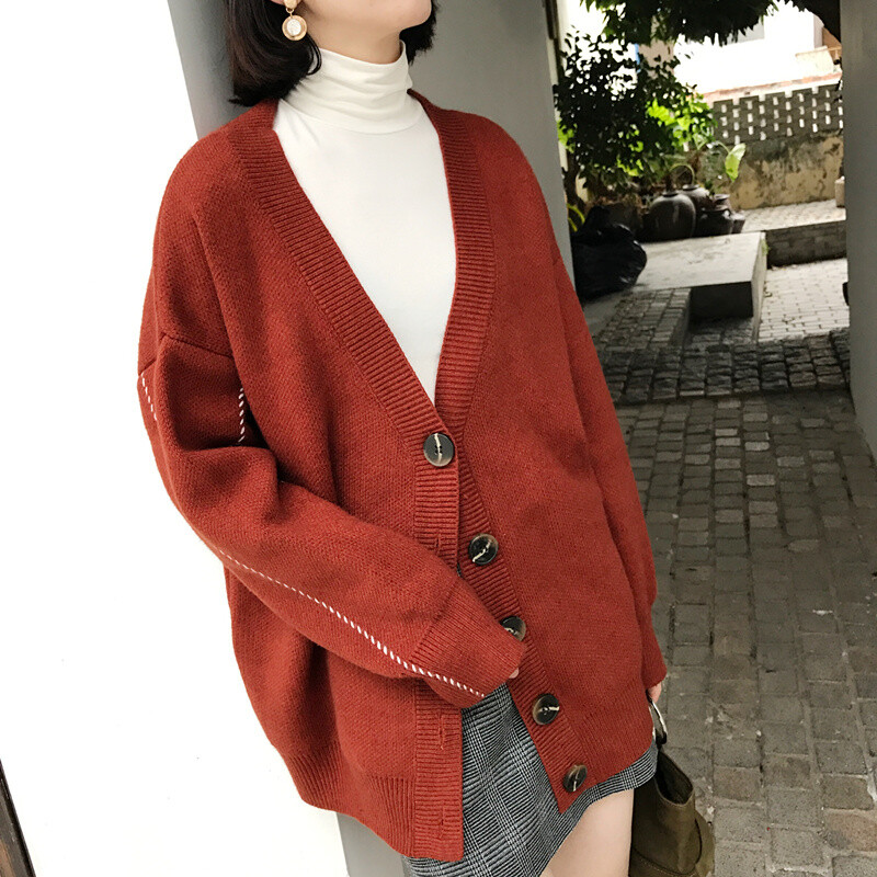 THEN自制 减龄款 显白铁锈红V领兔绒加厚宽松针织开衫外套