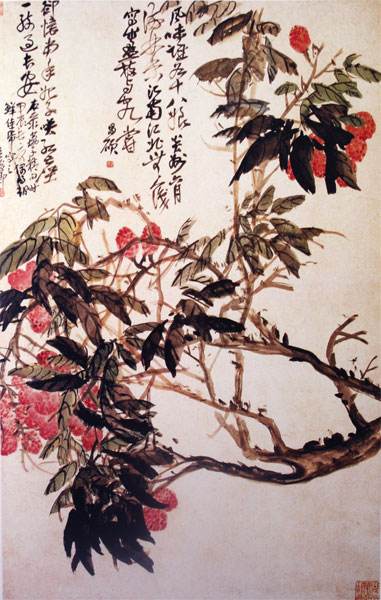 吴昌硕常自谓“四十学诗，五十学画”，并自谦说：“我画非所长，而颇知画理”承继徐渭、八大山人，将书法、篆刻的行笔、运刀及章法、体势融入艺术实践当中，形成了富有金石味的独特画风。所作花卉木石，笔力老辣，力透纸背，纵横恣肆，气势雄强。