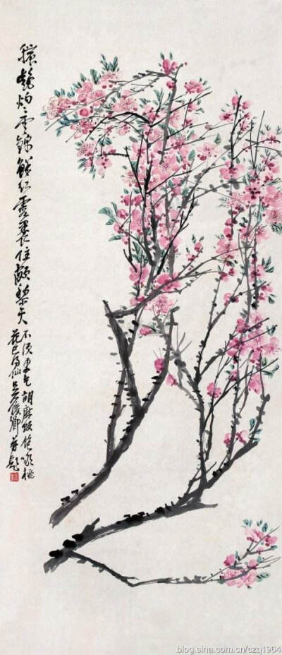 吴昌硕常自谓“四十学诗，五十学画”，并自谦说：“我画非所长，而颇知画理”承继徐渭、八大山人，将书法、篆刻的行笔、运刀及章法、体势融入艺术实践当中，形成了富有金石味的独特画风。所作花卉木石，笔力老辣，力…