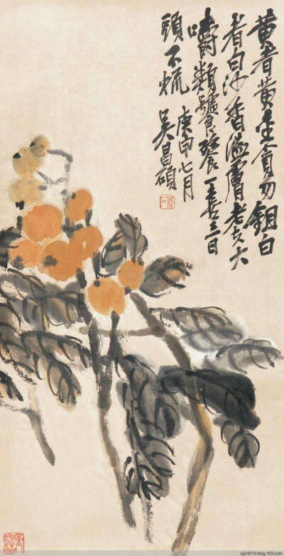 吴昌硕常自谓“四十学诗，五十学画”，并自谦说：“我画非所长，而颇知画理”并承继徐渭、八大山人，将书法、篆刻的行笔、运刀及章法、体势融入艺术实践当中，形成了富有金石味的独特画风。所作花卉木石，笔力老辣，…