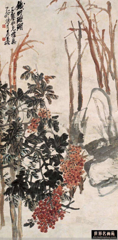 吴昌硕常自谓“四十学诗，五十学画”，并自谦说：“我画非所长，而颇知画理”并承继徐渭、八大山人，将书法、篆刻的行笔、运刀及章法、体势融入艺术实践当中，形成了富有金石味的独特画风。所作花卉木石，笔力老辣，…