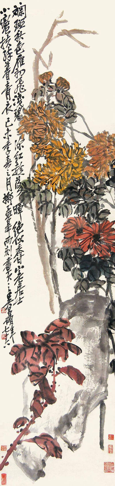 吴昌硕常自谓“四十学诗，五十学画”，并自谦说：“我画非所长，而颇知画理”并承继徐渭、八大山人，将书法、篆刻的行笔、运刀及章法、体势融入艺术实践当中，形成了富有金石味的独特画风。所作花卉木石，笔力老辣，…