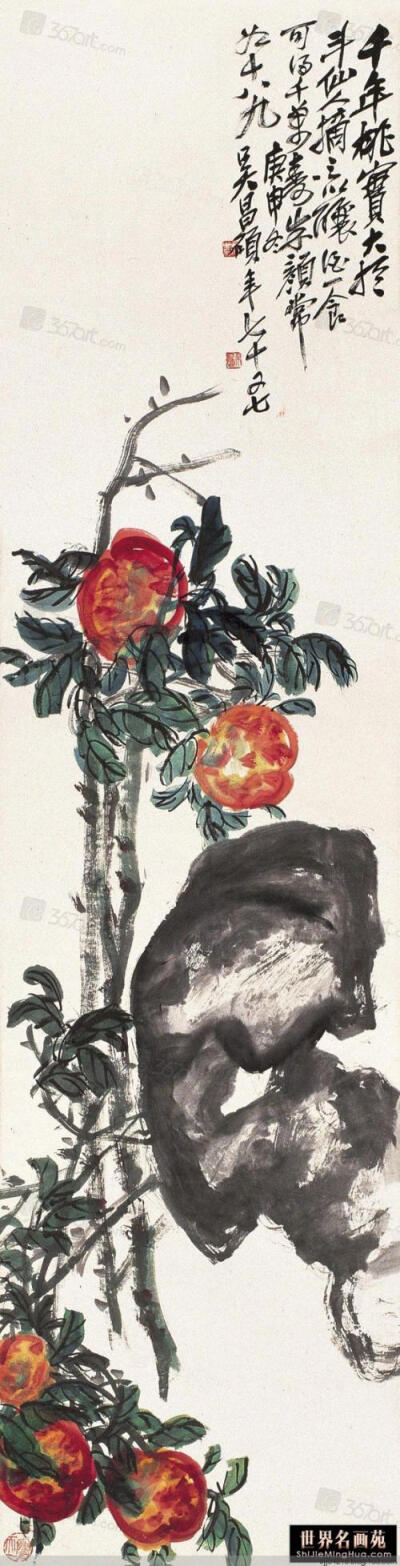 吴昌硕常自谓“四十学诗，五十学画”，并自谦说：“我画非所长，而颇知画理”并承继徐渭、八大山人，将书法、篆刻的行笔、运刀及章法、体势融入艺术实践当中，形成了富有金石味的独特画风。所作花卉木石，笔力老辣，…