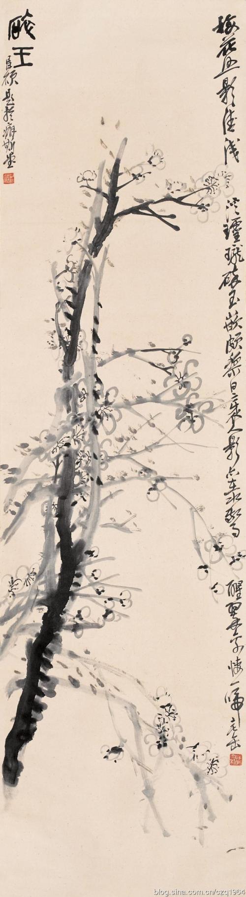 吴昌硕常自谓“四十学诗，五十学画”，并自谦说：“我画非所长，而颇知画理”并承继徐渭、八大山人，将书法、篆刻的行笔、运刀及章法、体势融入艺术实践当中，形成了富有金石味的独特画风。所作花卉木石，笔力老辣，力透纸背，纵横恣肆，气势雄强。