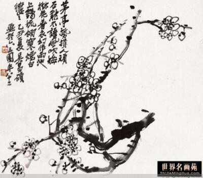 吴昌硕常自谓“四十学诗，五十学画”，并自谦说：“我画非所长，而颇知画理”并承继徐渭、八大山人，将书法、篆刻的行笔、运刀及章法、体势融入艺术实践当中，形成了富有金石味的独特画风。所作花卉木石，笔力老辣，…